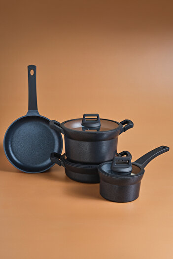 Karaca Biodiamond Riga 7 Piece Casting Pot and Pan Set with Induction Base Silicone Handle Gift