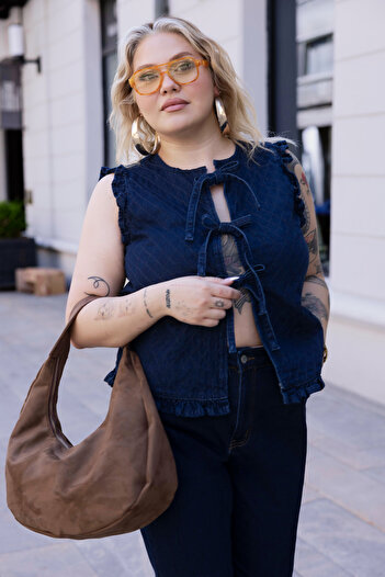 Trendyol Curve Plus Size Dark Blue Quilted Denim Vest - Front Tie Tbbss25Bh00005