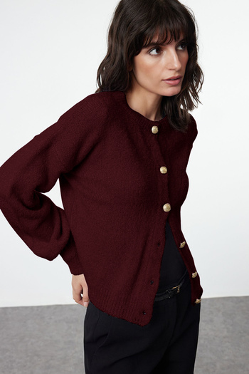 Trendyol Collection Burgundy Button Detailed Soft Textured Knitwear Cardigan Twoaw25Hi00147