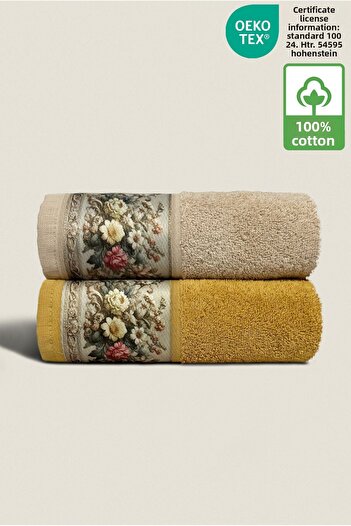 Ellaline Fiore Set of 2 Floral Patterned Towels 100% Cotton Certified Kitchen and Bed Towels 50X90Cm