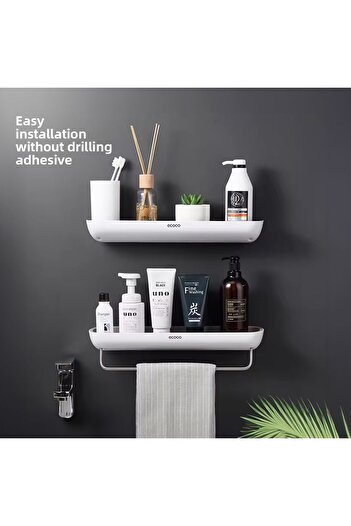 Youban Ecoco Wall Adhesive Bathroom and Kitchen Organizing Rack with Towel Hanger Black White