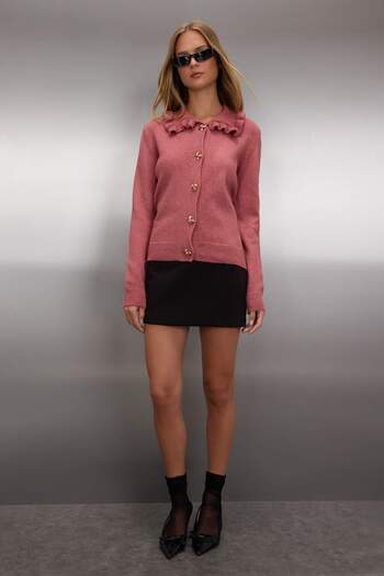 Trendyol Collection Dusty Rose Soft Textured Collar Ruffle Metal Button Detail Knitwear Cardigan Twoaw26Hi00106
