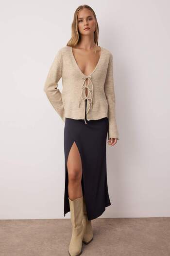 Trendyol Collection Mink Soft Textured Tie Detailed Knitwear Cardigan Twoaw26Hi00043