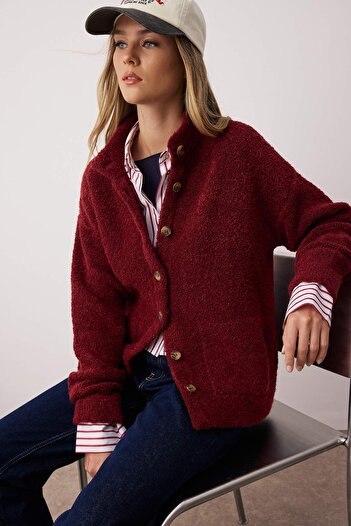 Trendyol Collection Burgundy Boucle/Textured Yarn Wide Fit Coat Look Knitwear Cardigan Twoaw26Hi00207