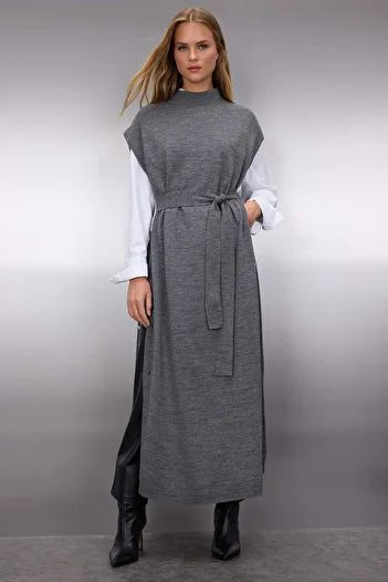 Trendyol Modest Anthracite Button Detailed Knitwear Sweater Dress Tctaw24Uv00038