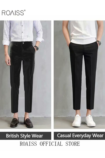 ROAISS Men's Suit Pants Straight-Leg Slacks Cropped Pants with Elastic Waist and Good Hang Down Feeling