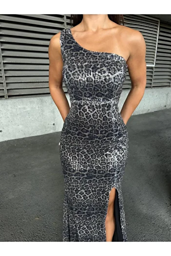SELİN MODA EVİ Digital Printing Sequin Dress Gray Leopard 583297