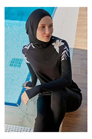 MAYOU Flower Patterned Sports Hijab Swimsuit with Sleeves and Finger Passable Shoulders Black White -Mayou