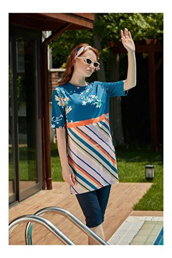 MAYOU Floral Stripe Pattern Half Covered Swimsuit - Mixed Color -