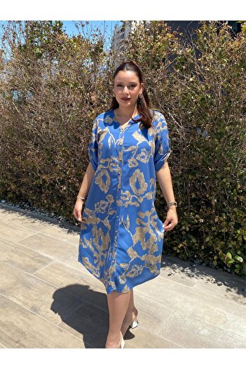 ELSEBUTİKTR Women's Loose Cut Cotton Viscose Dress with Sleeve Epaulettes