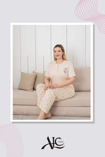 Alcteks Stylish and Comfortable 100% Cotton Plus Size Pajamas |   Short Sleeve, Ecru Floral Pattern