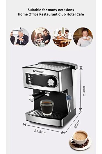 sonashi 15 Bar All-in-One Coffee Maker with Overheat Protection, 1.6L Large Detachable Water Tank, 850W