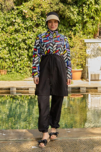 Starinci Mayo Parachute Fabric Patterned Hijab Swimsuit - All Black