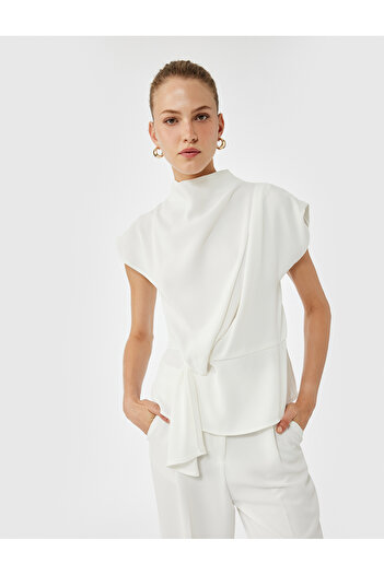 Koton Cap Sleeve Knot Detailed Stand Collar Blouse