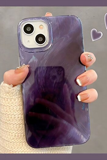 Fibaks Apple iPhone 13 - 14 - 15 Case Feather Marbling Pattern Shock-Absorbing Purple Color Silicone Protective Cover