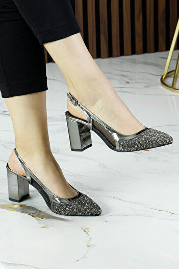 Erkan Saçmacı Panula Exclusive Platinum Stone Mesh Open Back Evening Dress Shoes