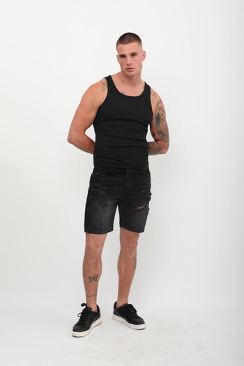 Bluewhite Men's Painted Ripped Jeans Shorts Black