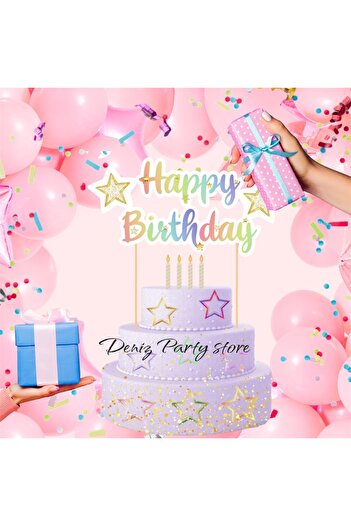 Deniz Party Store Happy Birthday Macaron Colorful Decoration Stick Cake