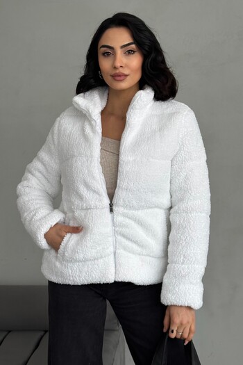 moda armanc Women's Puffer Jacket - Plush Embossed Teddy, Ecru