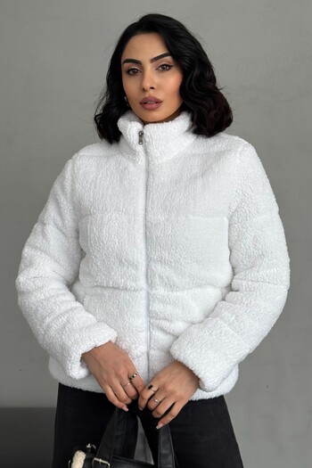 moda armanc Women's Puffer Jacket - Plush Embossed Teddy, Ecru