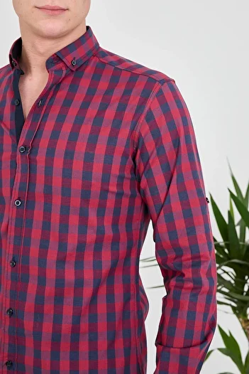 jack carisma Navy Blue-Burgundy Slim Fit Stretchy Cotton Men's Shirt - Checkered and Plaid Collar