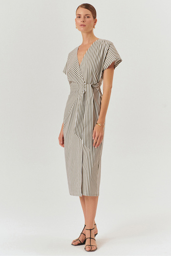 Exquise Stripe Patterned Double Breasted Model Cotton Midi Length Dress
