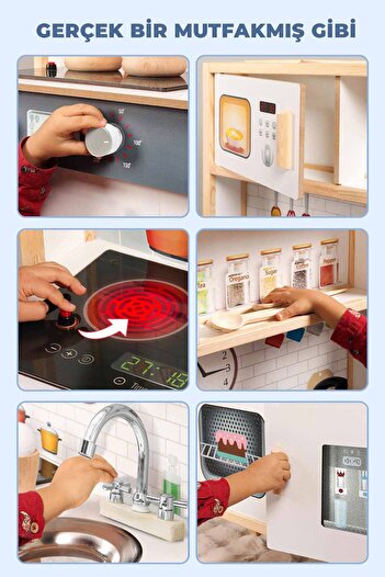 ROZİTOYS Ledli Ahşap Oyuncak Mutfak ~ Montessori Mutfak, Çocuk Mutfağı, Hediye Halı Dbk101