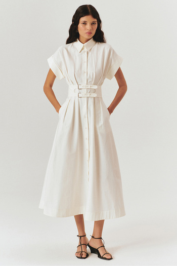 Exquise Low Sleeve Belt Detail Midi Length Cotton Shirt Dress