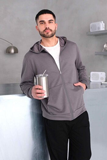 Behind Look Modal Gray Hooded Sweatshirt with Zippered Kangaroo Pocket