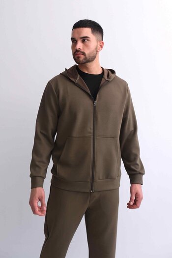 Behind Look Modal Khaki Hooded Sweatshirt with Zippered Kangaroo Pocket
