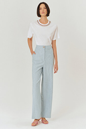 Exquise Yüksel Waist Straight Cut Blue Trousers with Shiny Fabric Detail