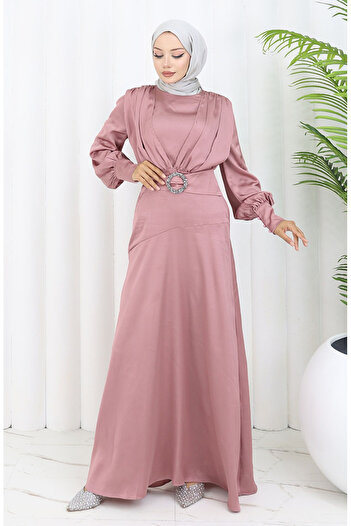 sefamerve Dried Rose Satin Evening Dress - Layered Dress 6001-05