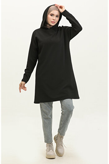 sefamerve Black Winter Hooded Tunic 8674-01 - Simple Design