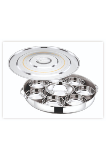 Bohara Stainless Steel Serving Plate Set. Consists Of 9 Pieces With A Lid. Distinctive Golden Line.