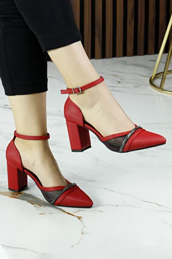 Erkan Saçmacı Molly Red Satin Stone Mesh Thick Heeled Shoes 7 Cm.