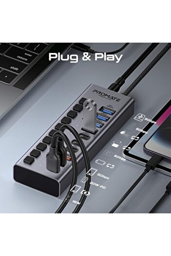 Promate موزع متعدد المنافذ 10 في 1 USB-C™، 3 منافذ USB-C™ و4 منافذ USB-A™ مع نقل بيانات بسرعة 5 جيجابت في الثانية
