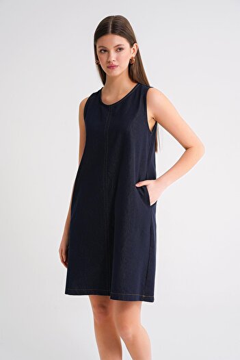Mixray 4691 Kadın Bisiklet Yaka Midi Boy Denim Elbise Lacivert