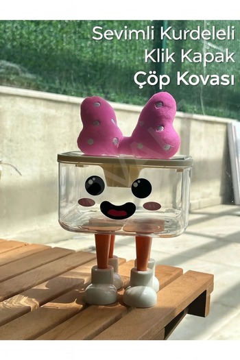 ARVALE Şeffaf Sevimli Kurdeleli Klik Kapak Mini Çöp Kovası | Stickerlı 1,8 Lt