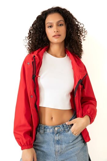 Riverstorm Women's Red Waterproof Wind Resistant Hooded Raincoat - Seasonal with Pockets