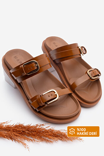 Marjin Women's Genuine Leather Buckle Daily Slippers