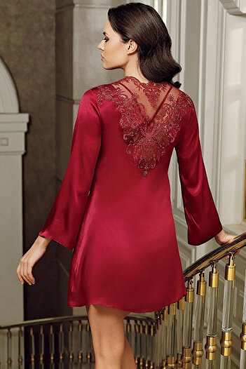 İmaj İmaj 4207 Women's Burgundy Nightgown Double Dowry Satin Set