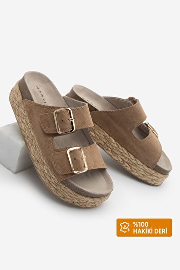 Marjin Women's Genuine Leather, Thick Straw Sole Double Banded Casual Slippers