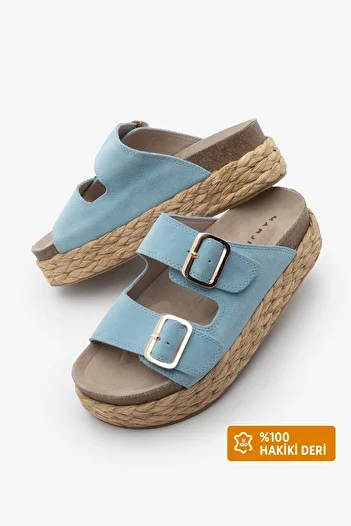 Marjin Women's Genuine Leather Thick Straw Sole Double Banded Daily Slippers Kifor Blue Suede
