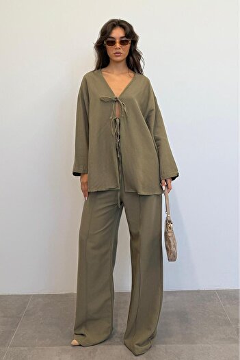 Madmext Khaki Front Tie Bottom Top Set Mg2423