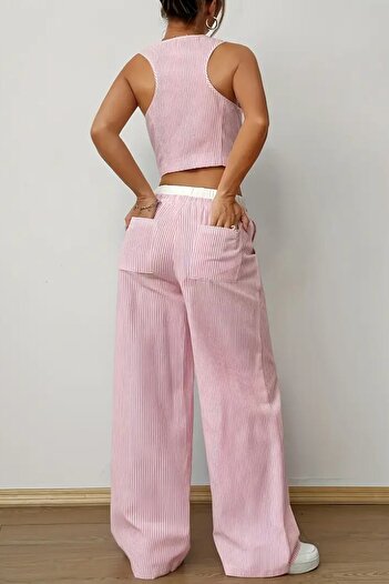 The Champ Clothing Kadın Çizgili Poplin Dokuma İkili Takım – Düğmeli Crop Yelek & Bol Paça Pantolon Yazlık Rahat Model