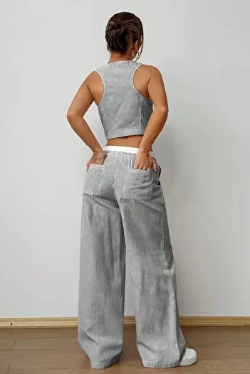 The Champ Clothing Women's Striped Poplin Woven Double Suit – Buttoned Crop Vest & Wide Leg Trousers Summer Casual Model