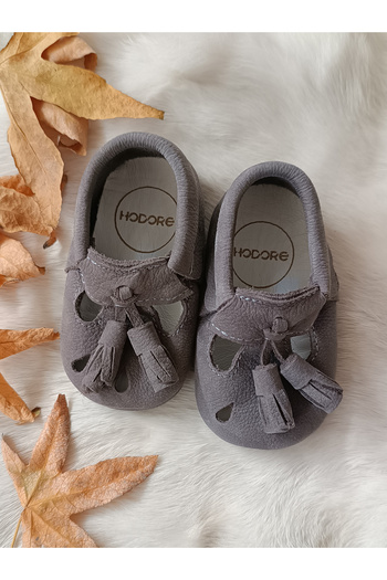 Hodore Wizy Tasseled Gray Genuine Leather Baby Booties Moccasins