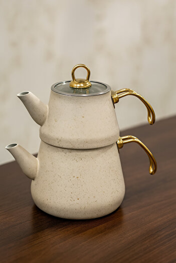 YUNUSOĞLU HOME Gold Colored Granite Plated - Teapot Cream Glass Lid