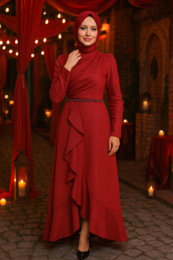 Neva Style Flounced Red Satin Hijab Evening Dress 3381K