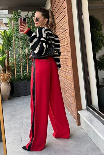 MADAME MELEK Imported Fabric Palazzo Pants with Side Stripe Detail